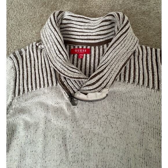 GUESS Los Angeles Mens Medium Shawl Collar Half Zip Sweater Cotton Knit Brown - Picture 3 of 14